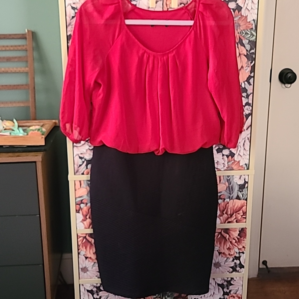 Red top black skirt dress